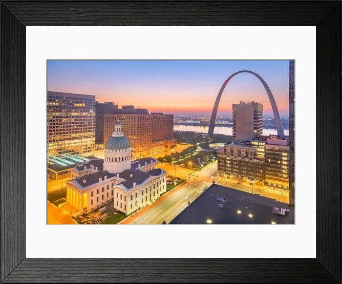 Framed Print : St. Louis, Missouri, USA downtown cityscape with the arch and courthouse at dusk