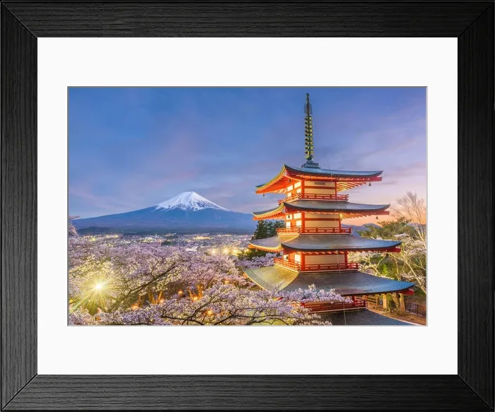Framed Print : Fujiyoshida, Japan view of Mt. Fuji and pagoda in spring season Framed Print : Fujiyoshida, Japan view of Mt. Fuji and pagoda in spring season