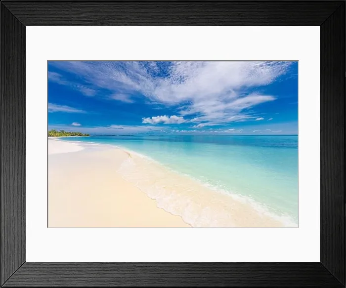 Framed Print : Paradise island beach landscape. Calm sea view with white sand shore, coast. Tranquil tropical landscape, exotic beach palm trees and nature seascape Framed Print : Paradise island beach landscape. Calm sea view with white sand shore, coast. Tranquil tropical landscape, exotic beach palm trees and nature seascape