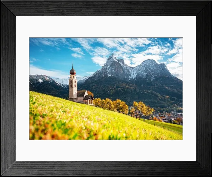 Framed Print : St. Valentin (Kastelruth) Village Church at the autumn Dolomite Alps. Amazing landscape with small chapel on sunny meadow Framed Print : St. Valentin (Kastelruth) Village Church at the autumn Dolomite Alps. Amazing landscape with small chapel on sunny meadow