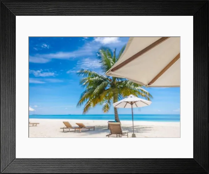 Framed Print : Exotic tropical beach landscape, chairs umbrella with palm tree. Tranquil beach scene for travel inspirational, Summer holiday and vacation concept Framed Print : Exotic tropical beach landscape, chairs umbrella with palm tree. Tranquil beach scene for travel inspirational, Summer holiday and vacation concept