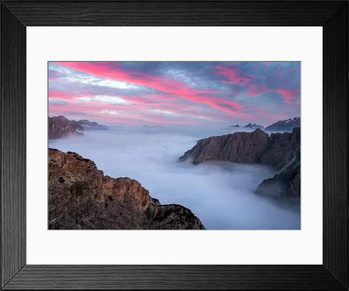 Framed Print : Dramatic sunrise landscape with flowing fog and pink skies in the Dolomites mountains. Location Auronzo rifugio in Tre Cime di Lavaredo National Framed Print : Dramatic sunrise landscape with flowing fog and pink skies in the Dolomites mountains. Location Auronzo rifugio in Tre Cime di Lavaredo National