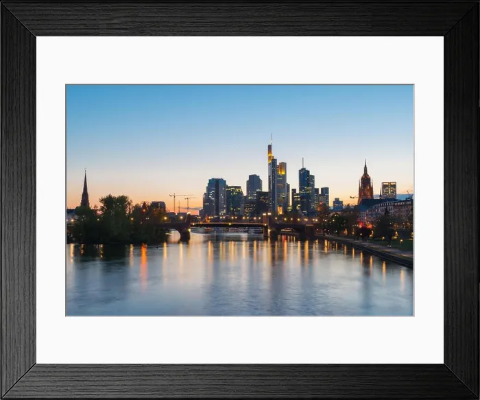 Framed Print : View of Frankfurt am Main skyline at dusk along Main river with cruise ship in Frankfurt, Germany Framed Print : View of Frankfurt am Main skyline at dusk along Main river with cruise ship in Frankfurt, Germany