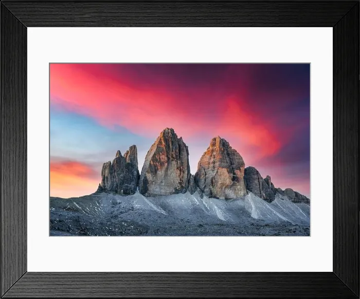Framed Print : Incredible view of the Three Peaks of Lavaredo on sunset time. National Park Tre Cime di Lavaredo, Dolomite Alps mountains Framed Print : Incredible view of the Three Peaks of Lavaredo on sunset time. National Park Tre Cime di Lavaredo, Dolomite Alps mountains