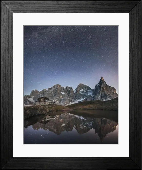 Framed Print : Incredible night landscape with a reflection of starry sky and mountains in a water of small lake in a popular tourist destination - Baita Segantini Framed Print : Incredible night landscape with a reflection of starry sky and mountains in a water of small lake in a popular tourist destination - Baita Segantini