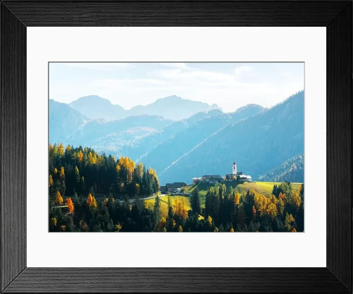 Framed Print : Dlijia Da Curt Catholic church at Mareo commune, Province of Bolzano, South Tyrol, Italy. Picturesque autumn landscape from Italian Dolomites Framed Print : Dlijia Da Curt Catholic church at Mareo commune, Province of Bolzano, South Tyrol, Italy. Picturesque autumn landscape from Italian Dolomites