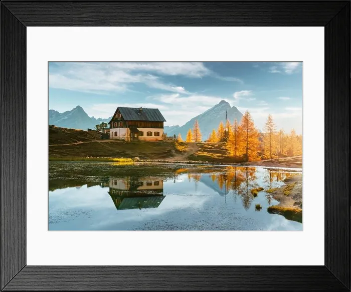 Framed Print : Rifugio Croda on Federa Lake in sunrise time. Autumn mountains landscape with Lago di Federa and bright orange larches in the Dolomite Apls Framed Print : Rifugio Croda on Federa Lake in sunrise time. Autumn mountains landscape with Lago di Federa and bright orange larches in the Dolomite Apls
