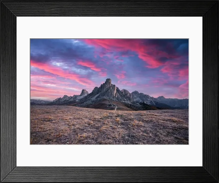 Framed Print : Picturesque landscape during incredible pink sunset in Italian Dolomites mountains. Passo Giau (Giau pass) Framed Print : Picturesque landscape during incredible pink sunset in Italian Dolomites mountains. Passo Giau (Giau pass)