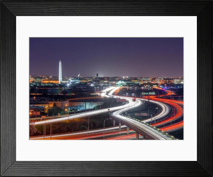 Framed Print : Washington, D.C. skyline with Highways and Monuments at dusk Framed Print : Washington, D.C. skyline with Highways and Monuments at dusk