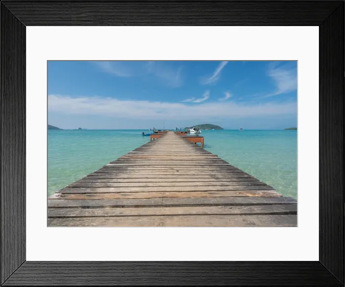 Framed Print : Wooden pier with boat in Phuket, Thailand. Summer, Travel, Vacation and Holiday concept Framed Print : Wooden pier with boat in Phuket, Thailand. Summer, Travel, Vacation and Holiday concept