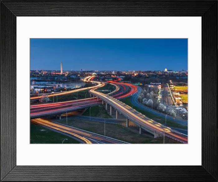 Framed Print : Washington, D.C. skyline with Highways and Monuments at dusk Framed Print : Washington, D.C. skyline with Highways and Monuments at dusk