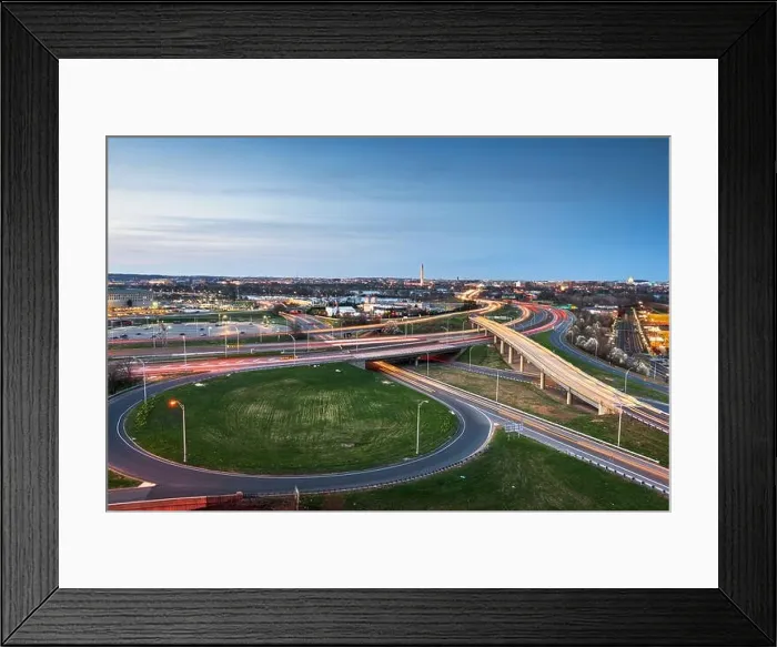 Framed Print : Washington, D.C. skyline with Highways and Monuments at dusk Framed Print : Washington, D.C. skyline with Highways and Monuments at dusk