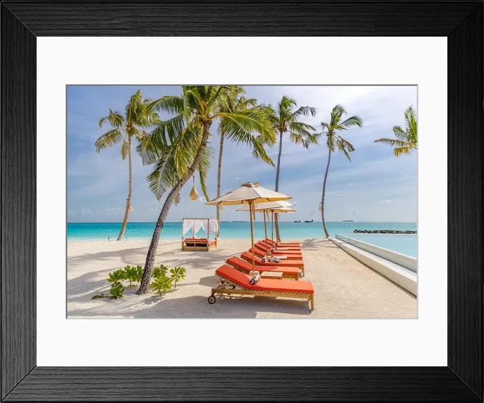Framed Print : Loungers, beach canopy sandy beach on a tropical island in Maldives. Coconut palms and water lodge on Indian ocean, sunbeds and umbrellas in the shade Framed Print : Loungers, beach canopy sandy beach on a tropical island in Maldives. Coconut palms and water lodge on Indian ocean, sunbeds and umbrellas in the shade