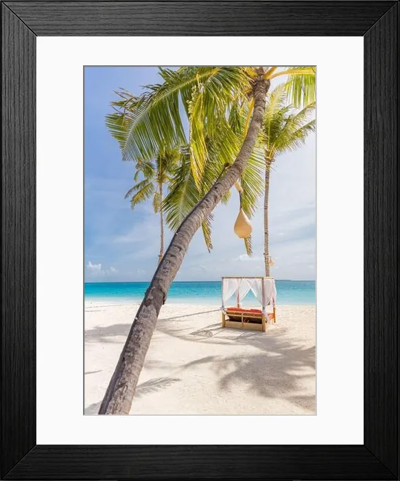 Framed Print : Loungers, beach canopy sandy beach on a tropical island in Maldives. Coconut palms and water lodge on Indian ocean, sunbeds and umbrellas in the shade Framed Print : Loungers, beach canopy sandy beach on a tropical island in Maldives. Coconut palms and water lodge on Indian ocean, sunbeds and umbrellas in the shade