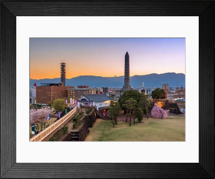 Framed Print : Kofu, Yamanashi, Japan downtown cityscape and monument tower at dusk Framed Print : Kofu, Yamanashi, Japan downtown cityscape and monument tower at dusk