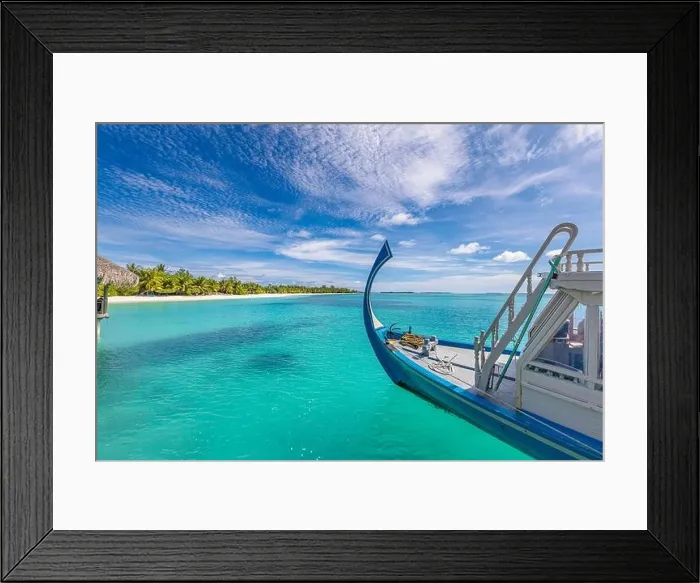 Framed Print : Inspirational Maldives beach design. Maldives traditional boat Dhoni and perfect blue sea with lagoon. Luxury tropical paradise concept Framed Print : Inspirational Maldives beach design. Maldives traditional boat Dhoni and perfect blue sea with lagoon. Luxury tropical paradise concept