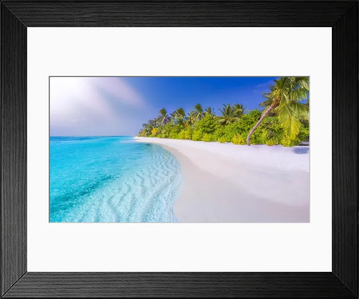 Framed Print : Maldives paradise beach. Perfect tropical island. Beautiful palm trees and tropical beach. Moody blue sky and blue lagoon. Luxury summer holiday Framed Print : Maldives paradise beach. Perfect tropical island. Beautiful palm trees and tropical beach. Moody blue sky and blue lagoon. Luxury summer holiday