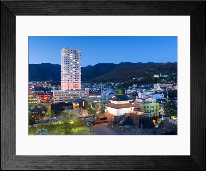 Framed Print : Kofu, Yamanashi, Japan downtown cityscape and corner castle tower at twilight Framed Print : Kofu, Yamanashi, Japan downtown cityscape and corner castle tower at twilight