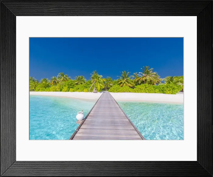Framed Print : Luxury vacation and holiday destination. Amazing summer beach background, wooden pier and palm trees, blue sea, blue sky. Amazing tropical landscape Framed Print : Luxury vacation and holiday destination. Amazing summer beach background, wooden pier and palm trees, blue sea, blue sky. Amazing tropical landscape