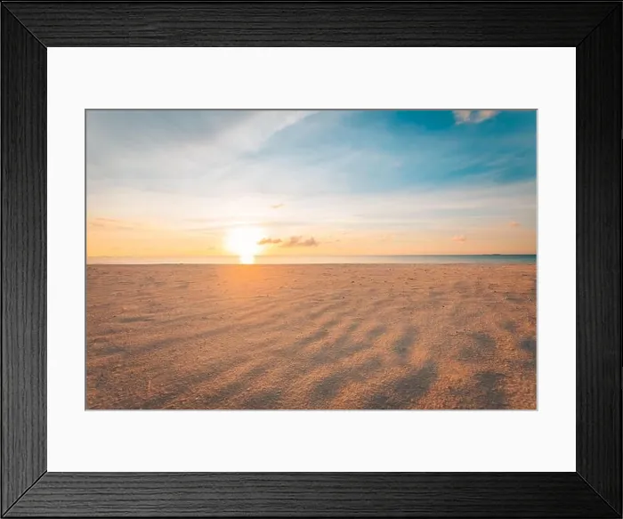Framed Print : Soft sand, calm ocean waves in tropical sea coast, seaside under colorful cloudy sky. Amazing sunset beach landscape, zen paradise, tranquil island Framed Print : Soft sand, calm ocean waves in tropical sea coast, seaside under colorful cloudy sky. Amazing sunset beach landscape, zen paradise, tranquil island