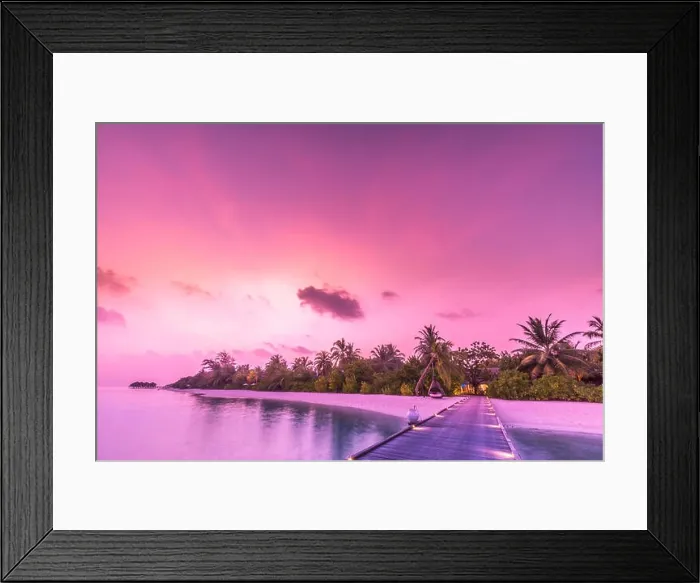 Framed Print : Amazing sunset sky and reflection on calm sea, Maldives beach landscape of luxury over water pier. Exotic scenery of summer vacation and holiday Framed Print : Amazing sunset sky and reflection on calm sea, Maldives beach landscape of luxury over water pier. Exotic scenery of summer vacation and holiday
