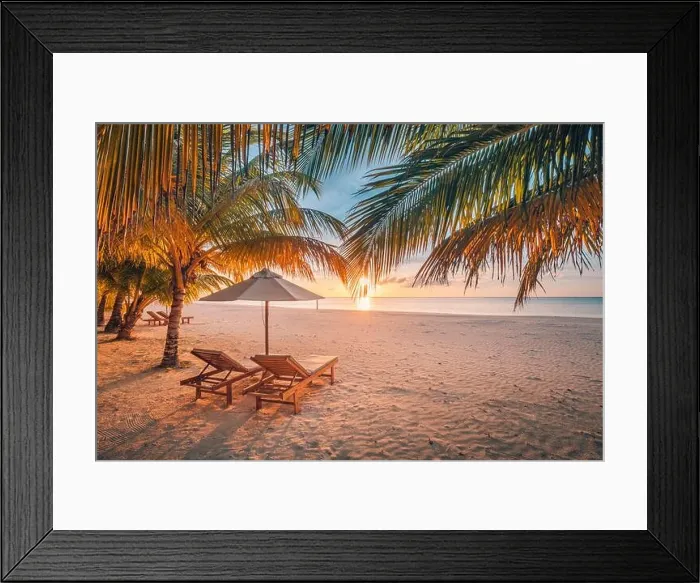 Framed Print : Tranquil beautiful beach. Chairs on the sandy beach near the sea. Summer holiday and vacation concept for tourism. Inspirational tropical landscape Framed Print : Tranquil beautiful beach. Chairs on the sandy beach near the sea. Summer holiday and vacation concept for tourism. Inspirational tropical landscape
