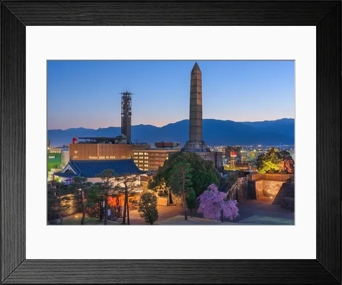 Framed Print : Kofu, Yamanashi, Japan downtown cityscape and monument tower Framed Print : Kofu, Yamanashi, Japan downtown cityscape and monument tower