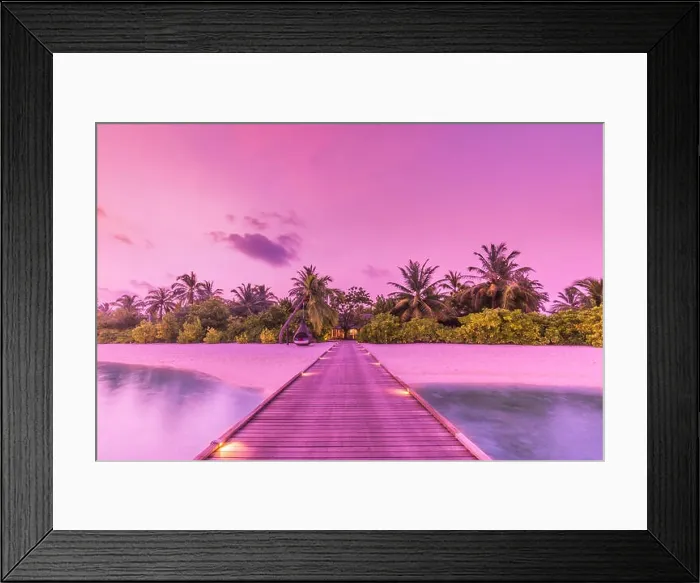 Framed Print : Amazing sunset sky and reflection on calm sea, Maldives beach landscape of luxury over water pier. Exotic scenery of summer vacation and holiday Framed Print : Amazing sunset sky and reflection on calm sea, Maldives beach landscape of luxury over water pier. Exotic scenery of summer vacation and holiday