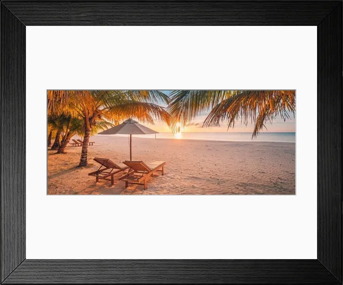 Framed Print : Beautiful tropical beach banner. White sand and coco palms, chairs, umbrella, travel tourism wide panorama background concept. Amazing beach landscape Framed Print : Beautiful tropical beach banner. White sand and coco palms, chairs, umbrella, travel tourism wide panorama background concept. Amazing beach landscape