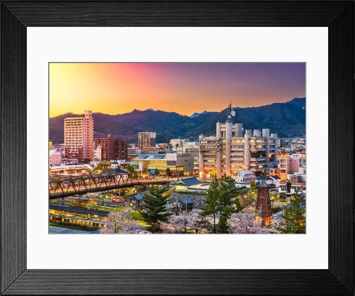 Framed Print : Kofu, Yamanashi, Japan downtown cityscape at dusk with spring foliage Framed Print : Kofu, Yamanashi, Japan downtown cityscape at dusk with spring foliage