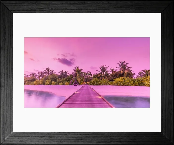 Framed Print : Amazing sunset sky and reflection on calm sea, Maldives beach landscape of luxury over water pier. Exotic scenery of summer vacation and holiday Framed Print : Amazing sunset sky and reflection on calm sea, Maldives beach landscape of luxury over water pier. Exotic scenery of summer vacation and holiday