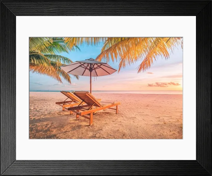 Framed Print : Tranquil beautiful beach. Chairs on the sandy beach near the sea. Summer holiday and vacation concept for tourism. Inspirational tropical landscape Framed Print : Tranquil beautiful beach. Chairs on the sandy beach near the sea. Summer holiday and vacation concept for tourism. Inspirational tropical landscape