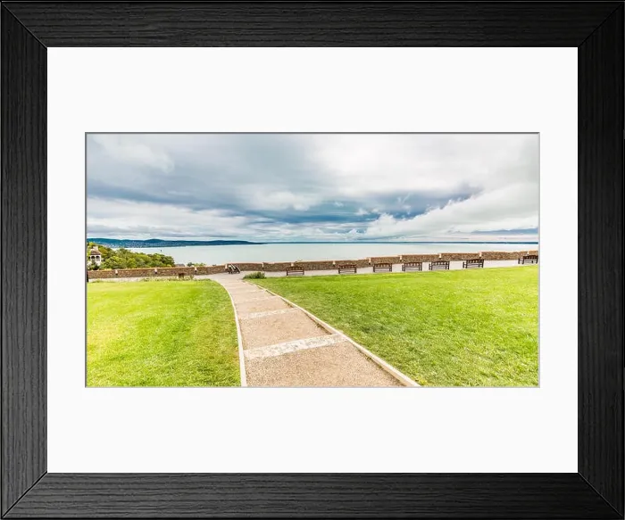 Framed Print : Lakeside bench at october indian summer, overcast sky, tranquil nature, mountain view background Framed Print : Lakeside bench at october indian summer, overcast sky, tranquil nature, mountain view background