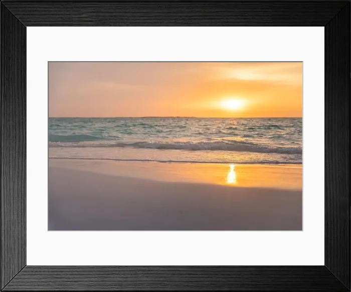Framed Print : Soft sand, calm ocean waves in tropical sea coast, seaside under colorful cloudy sky. Amazing sunset beach landscape, zen paradise, tranquil island Framed Print : Soft sand, calm ocean waves in tropical sea coast, seaside under colorful cloudy sky. Amazing sunset beach landscape, zen paradise, tranquil island