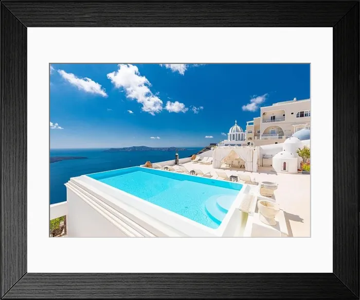 Framed Print : Romantic holidays Santorini resorts with infinity pool and sea view. Amazing summer travel landscape and white architecture, honeymoon destination Framed Print : Romantic holidays Santorini resorts with infinity pool and sea view. Amazing summer travel landscape and white architecture, honeymoon destination