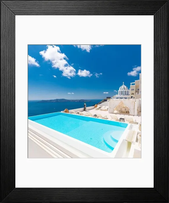 Framed Print : Romantic holidays Santorini resorts with infinity pool and sea view. Amazing summer travel landscape and white architecture, honeymoon destination