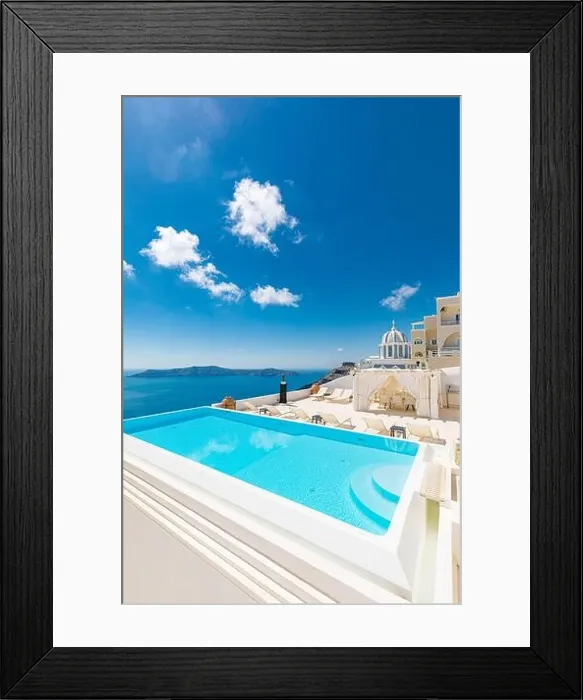 Framed Print : Romantic holidays Santorini resorts with infinity pool and sea view. Amazing summer travel landscape and white architecture, honeymoon destination Framed Print : Romantic holidays Santorini resorts with infinity pool and sea view. Amazing summer travel landscape and white architecture, honeymoon destination