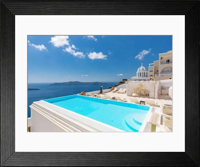 Framed Print : Romantic holidays Santorini resorts with infinity pool and sea view. Amazing summer travel landscape and white architecture, honeymoon destination Framed Print : Romantic holidays Santorini resorts with infinity pool and sea view. Amazing summer travel landscape and white architecture, honeymoon destination
