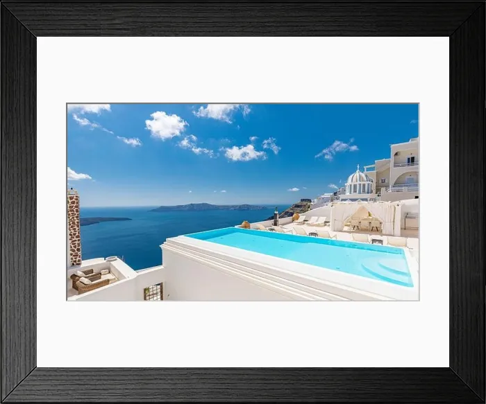 Framed Print : Romantic holidays Santorini resorts with infinity pool and sea view. Amazing summer travel landscape and white architecture, honeymoon destination Framed Print : Romantic holidays Santorini resorts with infinity pool and sea view. Amazing summer travel landscape and white architecture, honeymoon destination