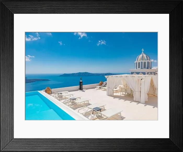 Framed Print : Romantic holidays Santorini resorts with infinity pool and sea view. Amazing summer travel landscape and white architecture, honeymoon destination Framed Print : Romantic holidays Santorini resorts with infinity pool and sea view. Amazing summer travel landscape and white architecture, honeymoon destination
