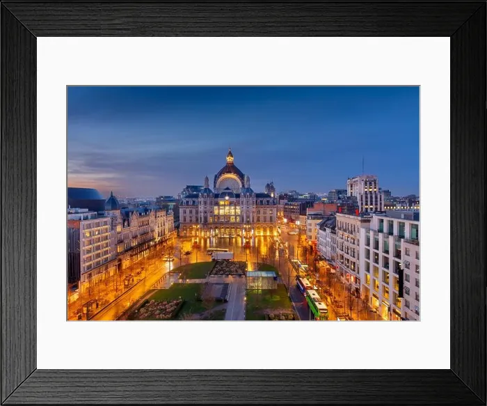 Framed Print : Antwerp, Belgium cityscape at Centraal Railway Station from night till dawn Framed Print : Antwerp, Belgium cityscape at Centraal Railway Station from night till dawn