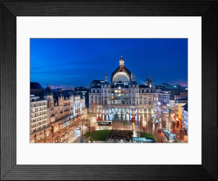 Framed Print : Antwerp, Belgium cityscape at Centraal Railway Station from night till dawn