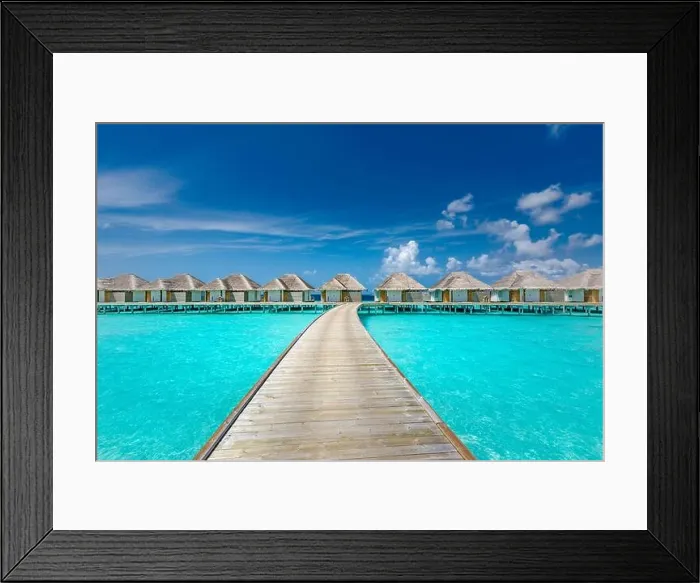 Framed Print : Panoramic landscape of Maldives beach. Tropical panorama, luxury water villa resort with wooden pier or jetty. Luxury travel destination background