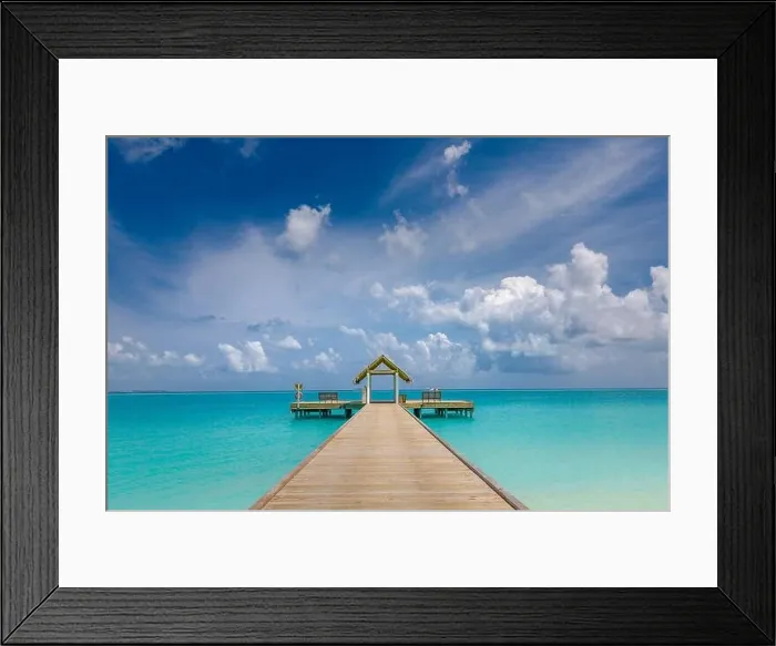 Framed Print : Panoramic landscape of Maldives beach. Tropical panorama, luxury water villa resort with wooden pier or jetty. Luxury travel destination background