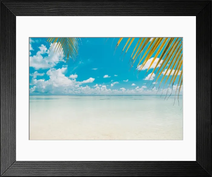 Framed Print : Perfect beach banner. Palm leaves, blue sea, blue sky. Inspirational tropical scenery calmness and relaxation concept. Summer vacation and holiday Framed Print : Perfect beach banner. Palm leaves, blue sea, blue sky. Inspirational tropical scenery calmness and relaxation concept. Summer vacation and holiday