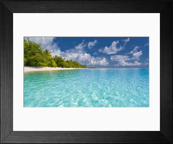 Framed Print : Beach nature, landscape of Maldives with blue sea, blue sky and palm trees on white sand. Perfect tropical scene Framed Print : Beach nature, landscape of Maldives with blue sea, blue sky and palm trees on white sand. Perfect tropical scene