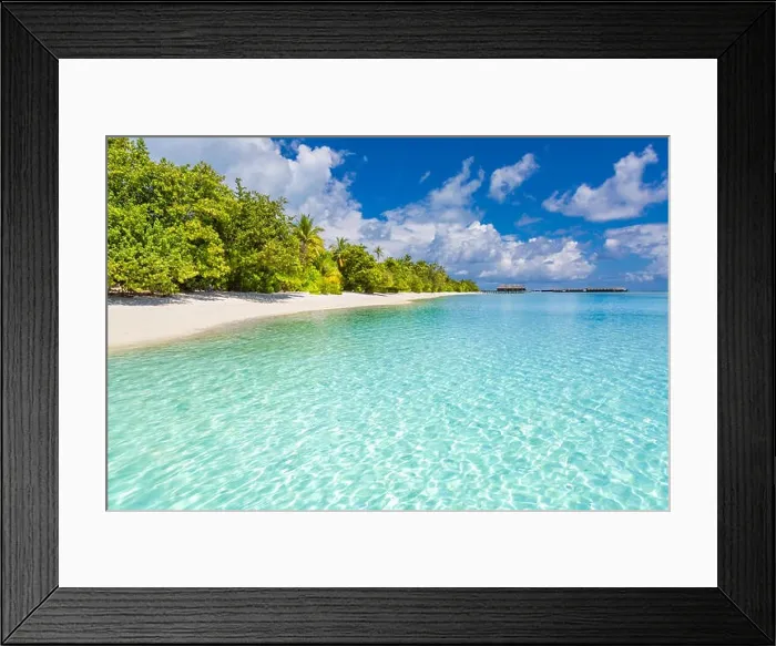 Framed Print : Beach nature, landscape of Maldives with blue sea, blue sky and palm trees on white sand. Perfect tropical scene Framed Print : Beach nature, landscape of Maldives with blue sea, blue sky and palm trees on white sand. Perfect tropical scene