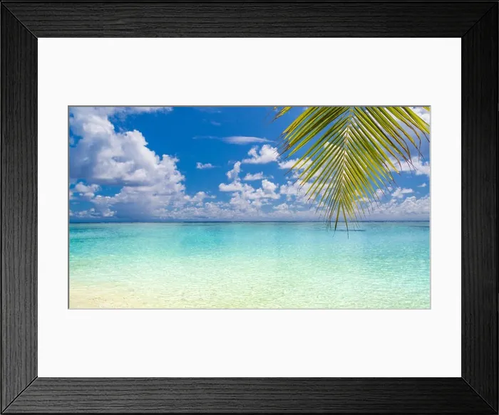Framed Print : Perfect beach banner. Palm leaves, blue sea, blue sky. Inspirational tropical scenery calmness and relaxation concept. Summer vacation and holiday Framed Print : Perfect beach banner. Palm leaves, blue sea, blue sky. Inspirational tropical scenery calmness and relaxation concept. Summer vacation and holiday