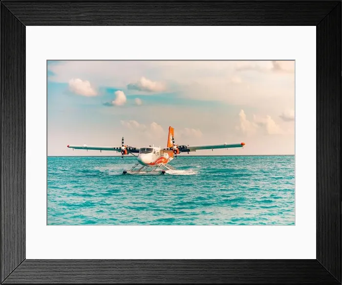 Framed Print : Ari Atoll, Maldives - 05.05.19: Seaplane at tropical beach resort. Luxury summer travel destination with seaplane in Maldives islands. Exotic vacation Framed Print : Ari Atoll, Maldives - 05.05.19: Seaplane at tropical beach resort. Luxury summer travel destination with seaplane in Maldives islands. Exotic vacation