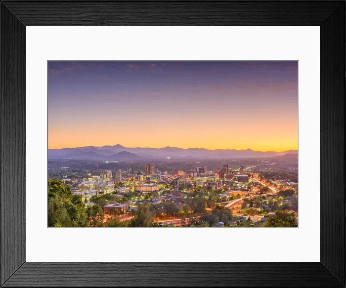 Framed Print : Ashville, North Carolina, USA skyline and landscape after sunset Framed Print : Ashville, North Carolina, USA skyline and landscape after sunset